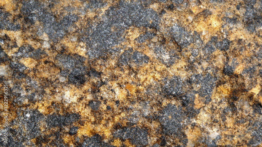 Poster Illuminated golden granite texture close up with natural patterns and empty space for design or text overlay in a mining context