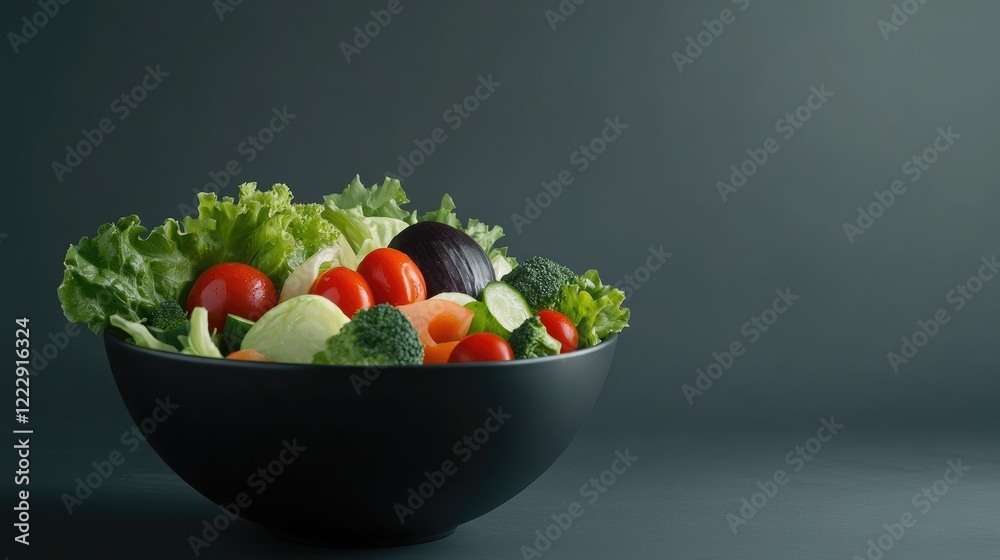 Poster fresh salad bowl filled with vibrant vegetables on a dark background with ample space for text or pr