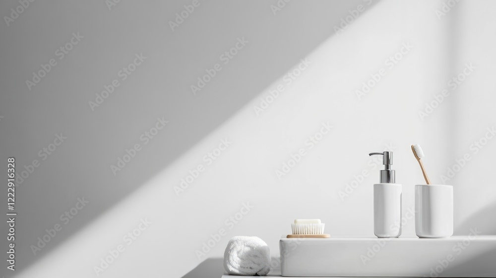 Poster modern bathroom countertop with toothbrush and toothpaste in elegant minimalist style featuring ampl