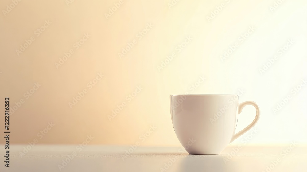 Poster Close up of a white espresso cup on a minimalist table with soft lighting and ample copy space for text placement and design