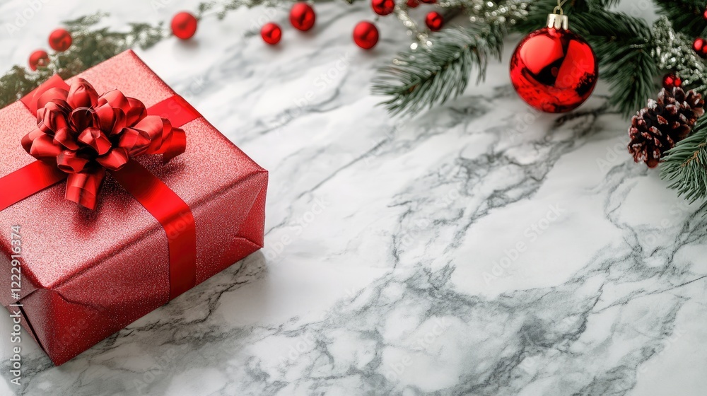 Poster close up of a festive red gift box surrounded by holiday decorations on a marble surface with room f