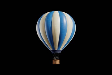 Fototapeta premium Blue and white striped hot air balloon with a wicker basket, isolated on transparent background.