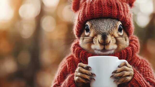A charming squirrel wearing a knitted red hat holds a white cup, exuding warmth and cuteness, perfect for cozy winter moments.