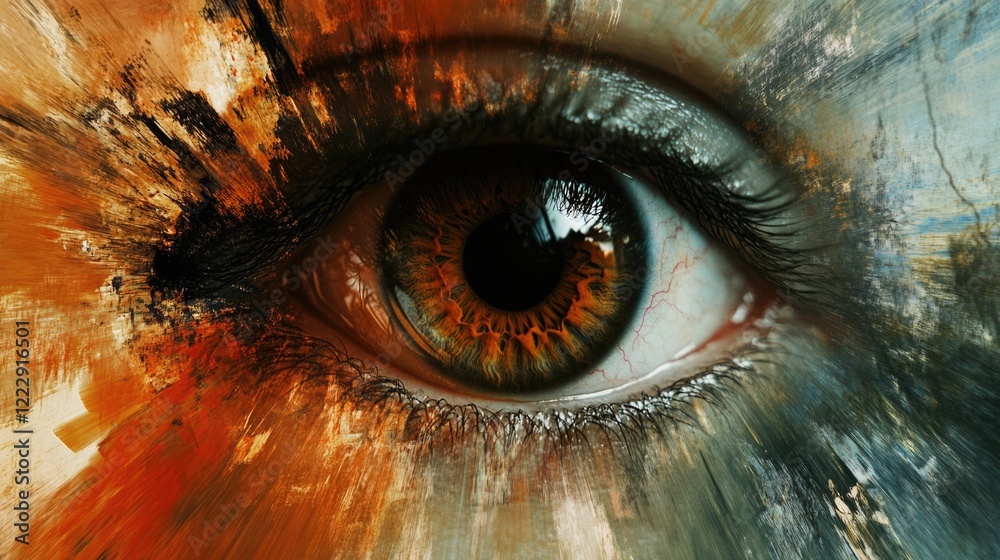 Aufkleber Close up of artistic human eye with vibrant motion blur and textured background creating space for creative text or design elements