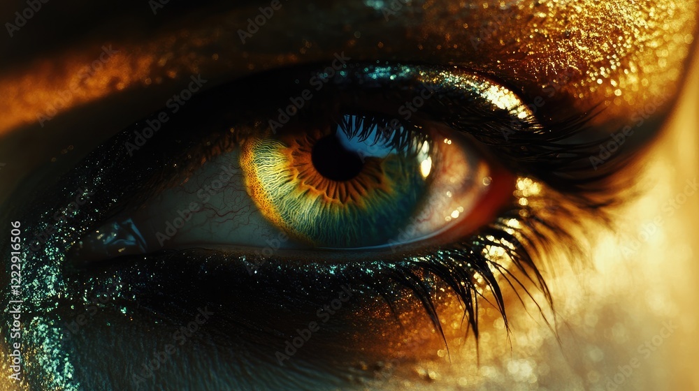 Poster close up of a mesmerizing green eye showcasing blue and gold hues transitioning to brown with space 