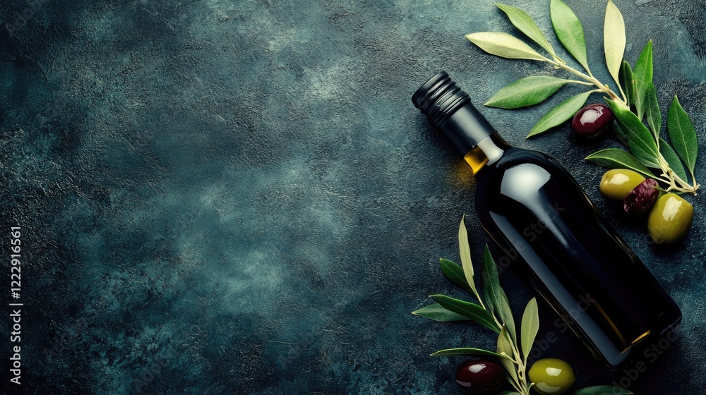 Poster Elegant olive oil bottle surrounded by fresh olives and leaves on a textured backdrop with ample space for text or branding elements