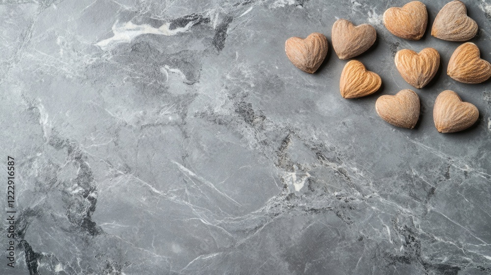 Poster heart shaped almonds arranged on gray stone background with ample copy space for text elegant and co