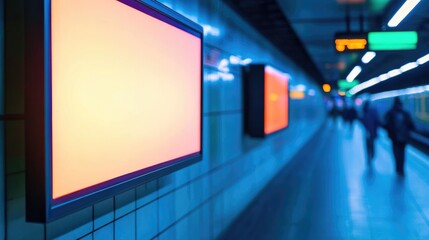 HD LED monitor in subway station featuring changing images and empty text space with blurred movement of commuters in the background