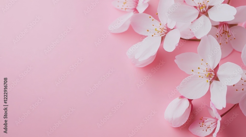 Poster delicate white cherry blossoms with pink center petals arranged on a soft pink background with ample