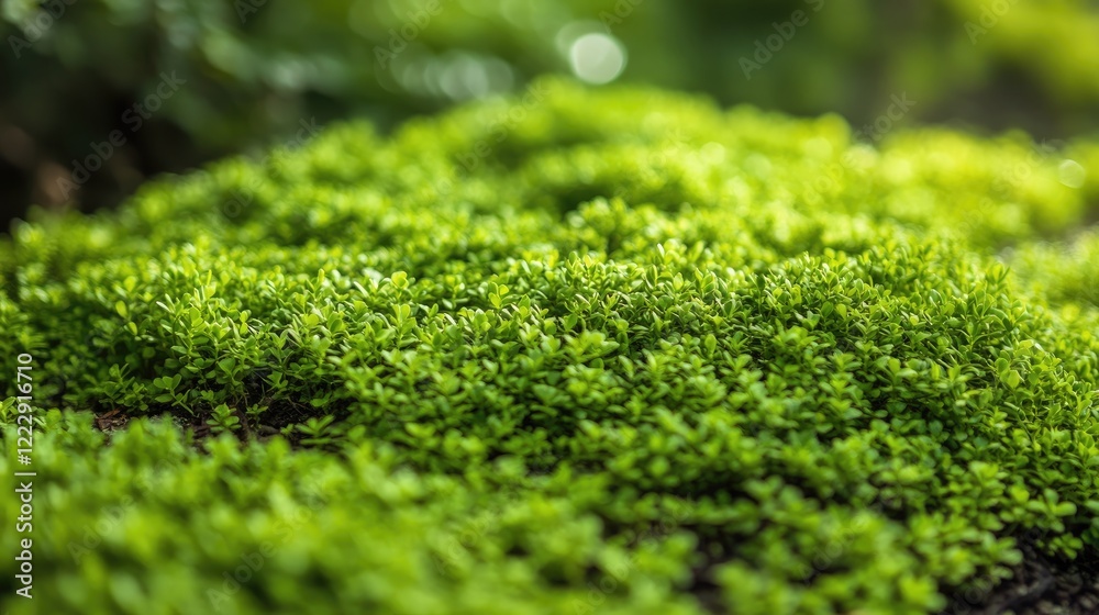 Poster lush green mossy bush bed in a serene forest setting with blurred background and ample space for tex