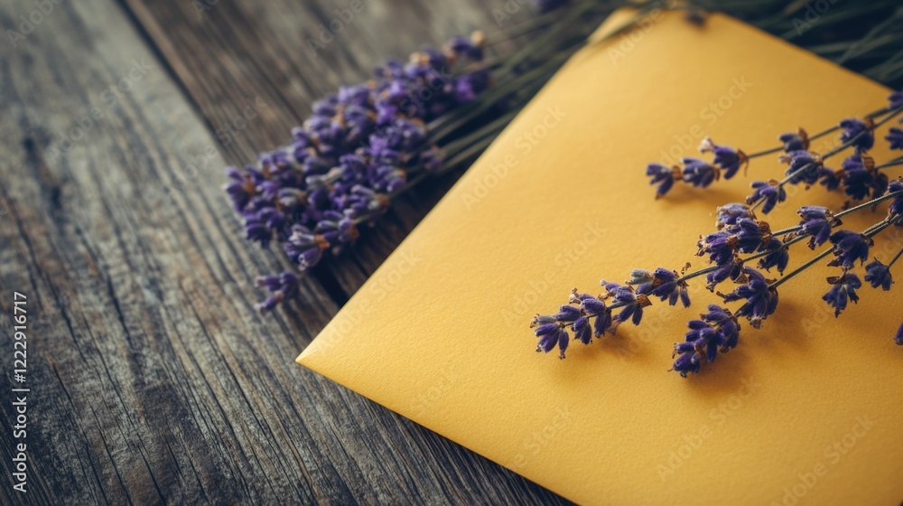 Poster Yellow envelope with dried lavender on rustic wooden surface featuring empty copy space for elegant text or branding design.