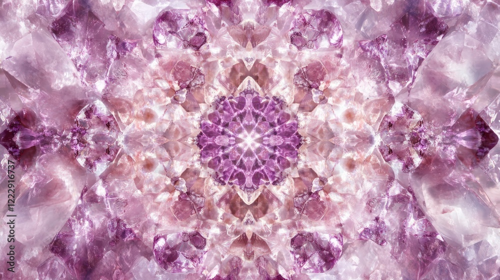 Leinwandbilder Pink Amethyst Gemstone Kaleidoscope Pattern with Soft Empty Space for Text Overlay