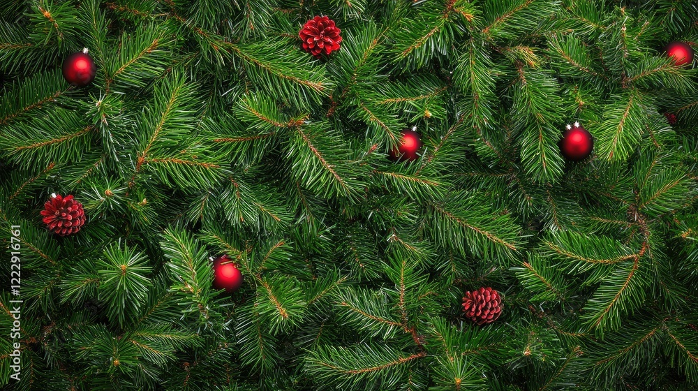 Poster close up of a lush green christmas tree with vibrant red ornaments and pine cones featuring ample sp