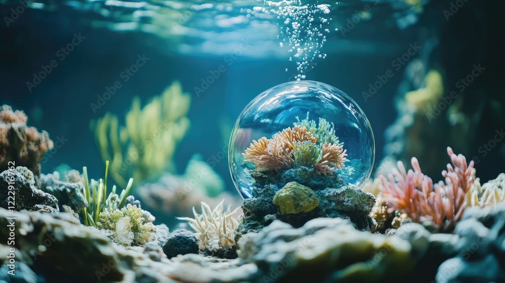 Aufkleber Close up of a glass sphere reflecting underwater scenery with vibrant corals and bubbles creating serene atmosphere for text placement
