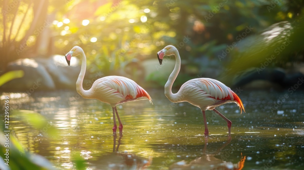 Poster Close-up of Two Graceful Flamingos in a Serene Natural Setting with Soft Light and Ample Copy Space for Text