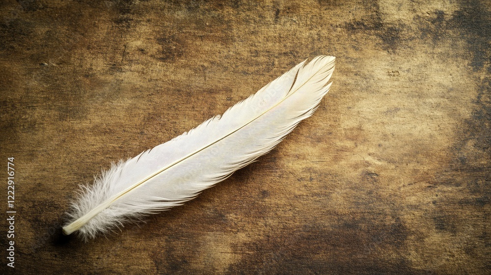 Aufkleber close up of a delicate white feather on a rustic wooden background with ample space for text and cre