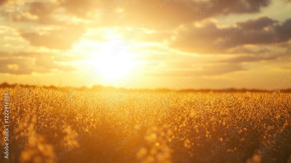 Aufkleber Soybean field at sunset with golden light and clouds creating an empty space for text and ideas about agriculture and nature.