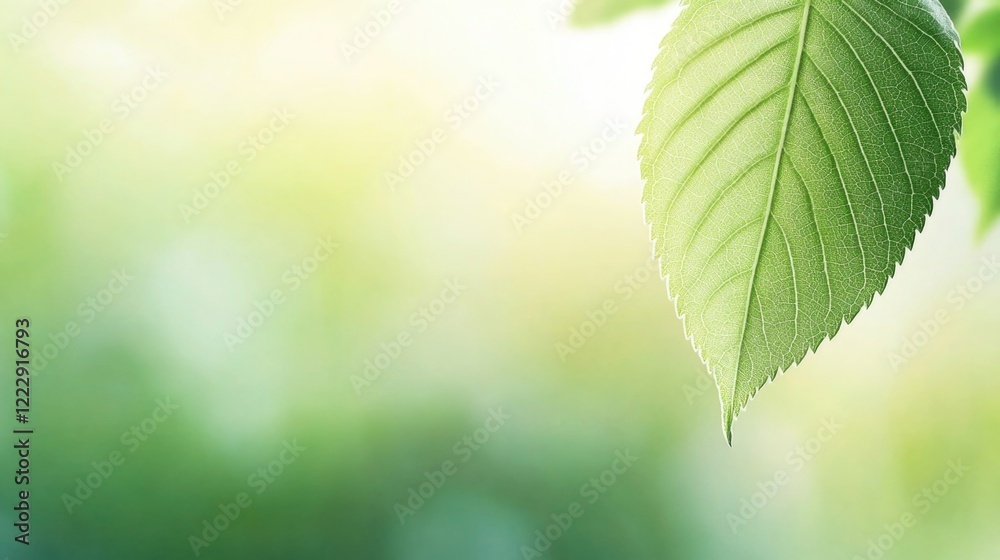 Poster Close up of a vibrant green leaf hanging from a tree branch against a soft blurred background with space for text and seasonal themes
