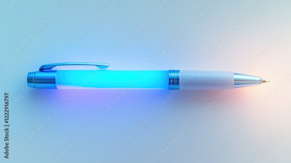 Poster Glowing Blue Pen on Soft Light Background with Empty Space for Text or Branding Elements