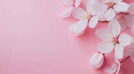 Delicate white cherry blossoms with pink center petals arranged on a soft pink background with ample space for text overlay