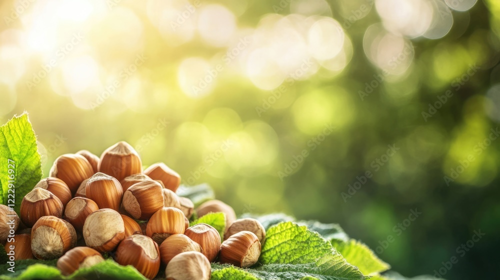 Aufkleber close up of hazelnuts surrounded by green leaves with a sunlit background and ample space for text o