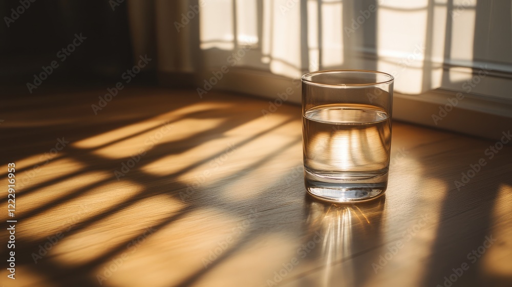 Poster sunlit glass of water on wooden floor with shadows creating a serene atmosphere and clear copy space