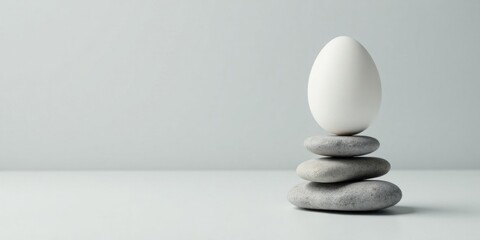 Serene Balance A White Oval Resting Atop a Carefully Stacked Arrangement of Smooth Gray Stones