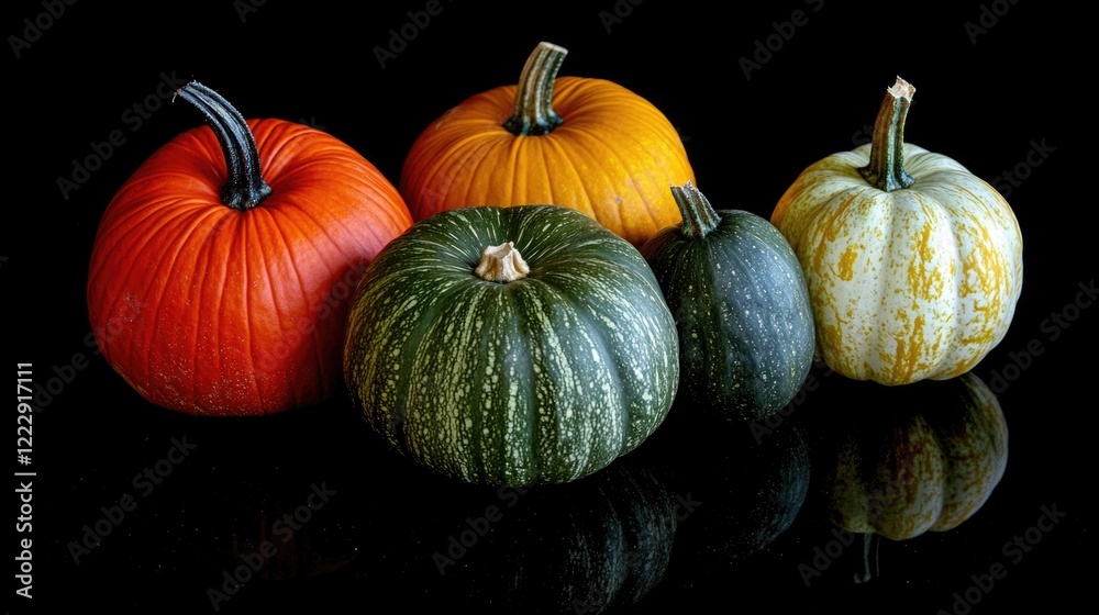 Poster close up shot of assorted colorful pumpkins against a black background showcasing their textures and