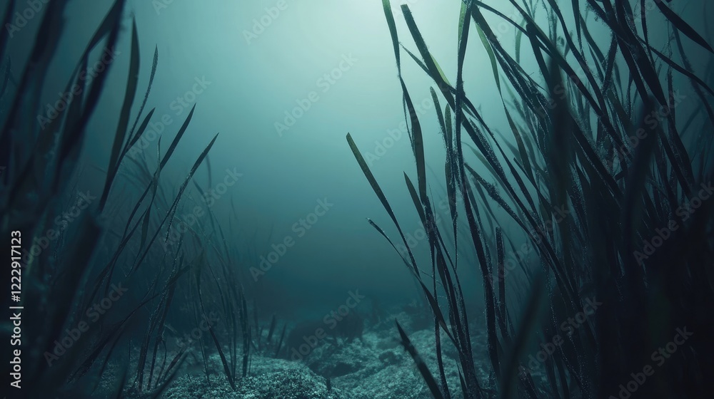Aufkleber underwater perspective of seagrass stems creating a serene atmosphere with ample space for text or b