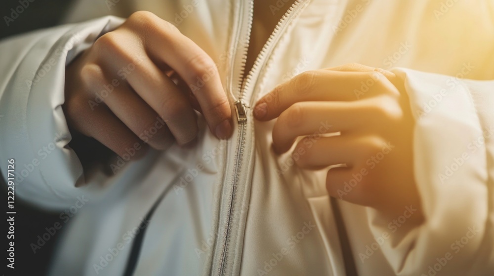 Poster hands sewing a zipper onto a white fabric jacket with soft natural light creating a warm and invitin