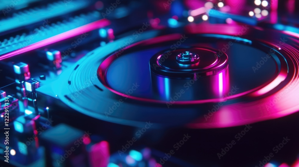 Fototapete Close Up of a Hard Drive with Spinning Disk and LED Lights Against a Colorful Background for Copy Space and Technology Concepts