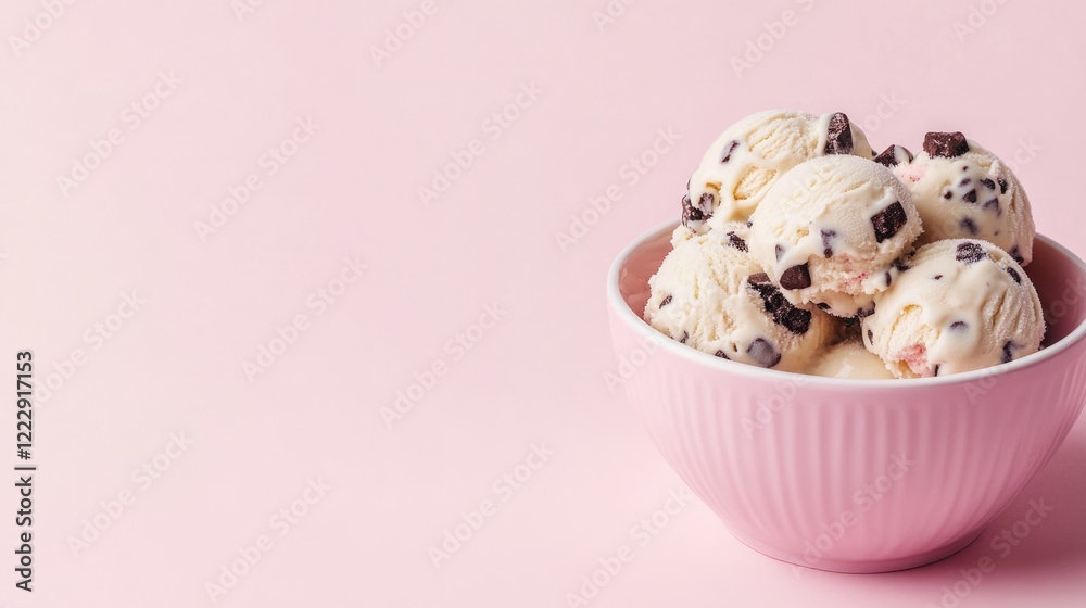 Poster delicious ice cream with cookie pieces in a pink bowl on a soft pink background with ample copy spac