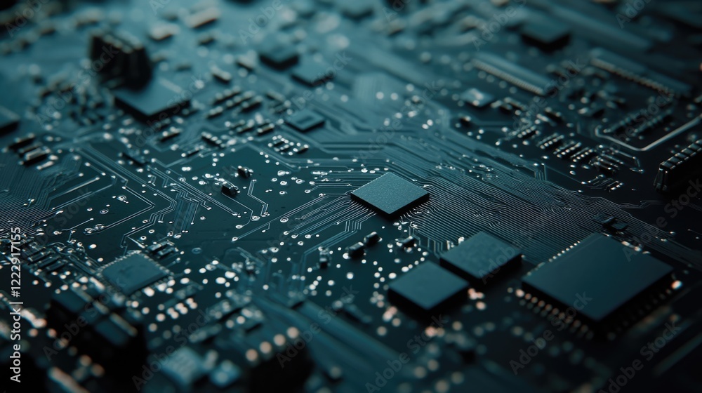 Fototapete Close up of dark electronic circuit board with microchips and intricate wiring showcasing technology and innovation with copy space for text