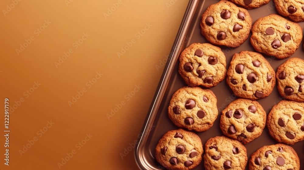 Poster Homemade chocolate chip cookies on a baking pan with golden background and empty space for text or promotional content
