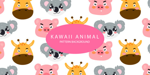 kawaii animal pattern background design. bear, deer, fox, bird, dog, hippo, parrot, pig, cow. textile pattern.  Cartoon animal Vector illustration for kids forest background with rain dots
