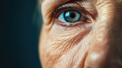 Close up of mature human skin texture showcasing aging features with space for text on a blue background