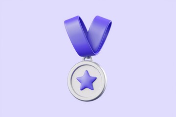 A 3D rendered silver medal with a purple star and ribbon, symbolizing achievement and success.