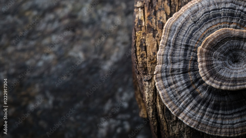 Poster close up of turkey tail mycena mushroom on tree bark with natural background and space for text show