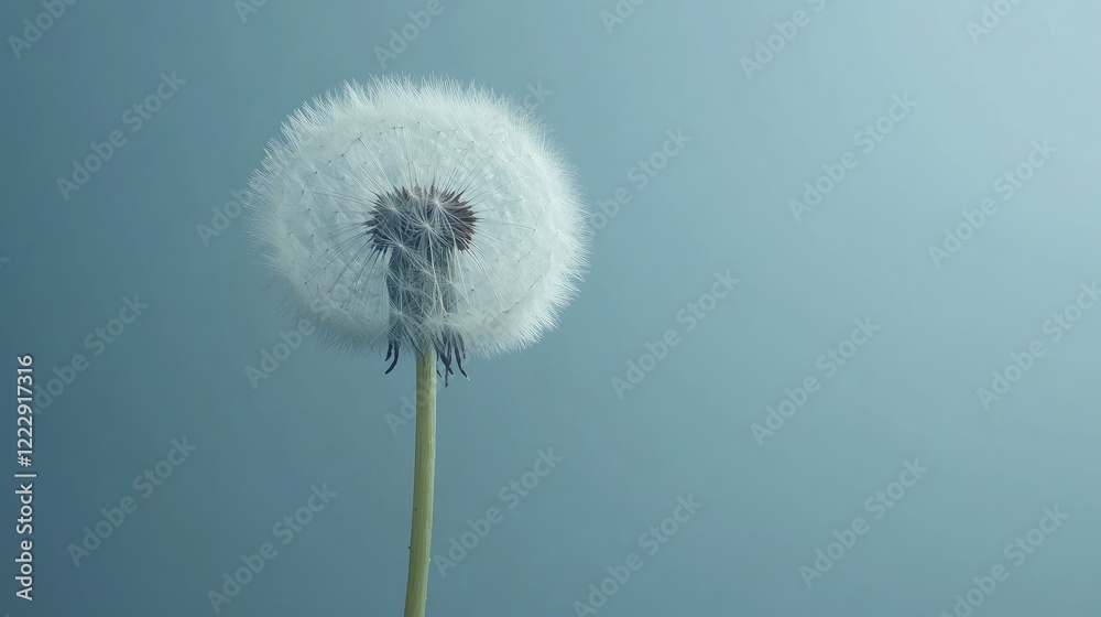 Poster Fluffy dandelion puffball flower isolated against a soft blue background with ample empty space for text or graphics