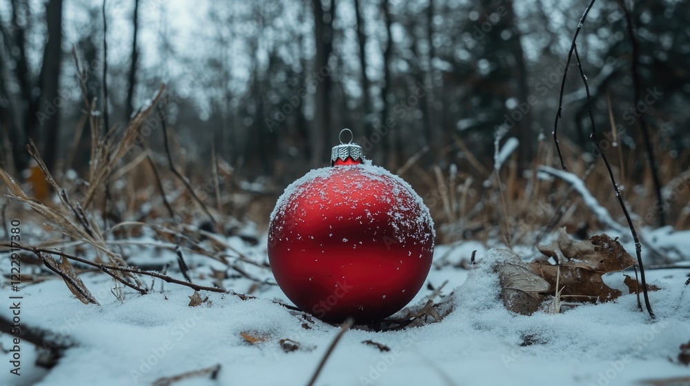 Poster close up of a red christmas ornament covered in snow amid a tranquil snowy forest with ample space f