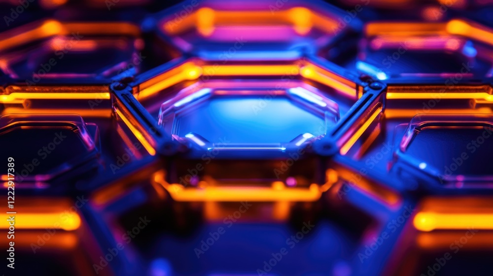 Fototapete Illuminated hexagon pattern with vibrant LED neon lights creating a futuristic background with space for your custom text or graphics