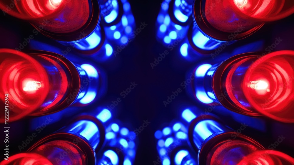 Poster Illuminated Red and Blue Light Bulbs in Symmetrical Arrangement with Dark Background and Space for Text or Graphics