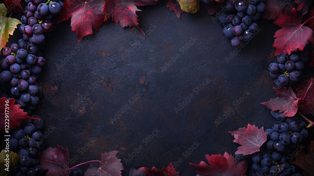 Poster Ripe red grapes elegantly framed by autumn leaves on a dark background with ample space for customizable text or branding purposes