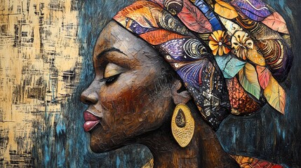 Elegant woman with colorful headwrap and earrings showcases cultural beauty in artistic portraiture