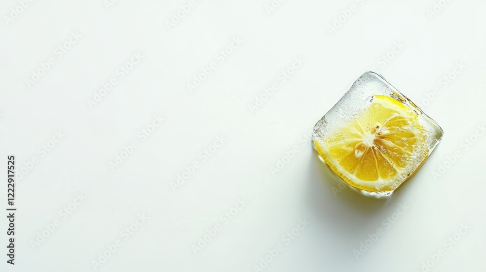 Poster refreshing ice cube with lemon slice on light background perfect for summer drink promotions and bev