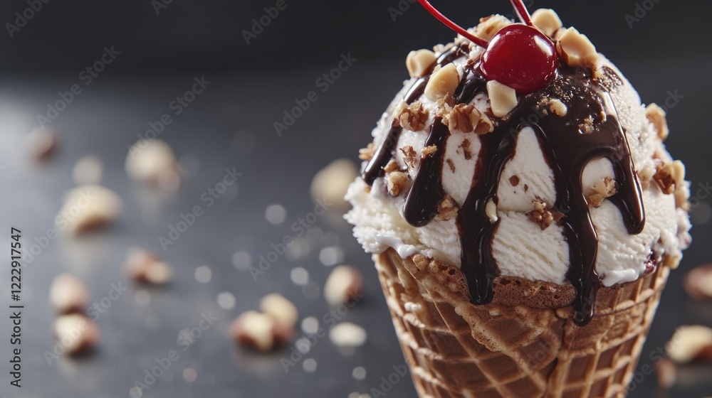 Aufkleber Delicious ice cream in waffle cone topped with chocolate syrup nuts and cherry in a stylish presentation with blank space for text