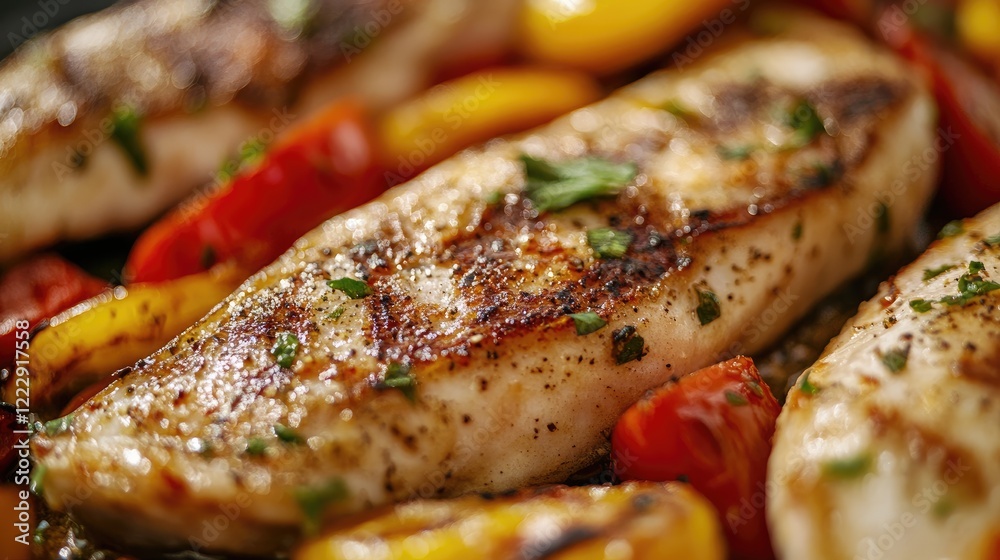 Poster Grilled fish steak with colorful vegetables on a plate showcasing texture and freshness with space for text or branding