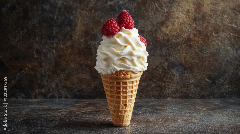 Poster delicious ice cream cone topped with whipped cream and raspberries against a textured background per