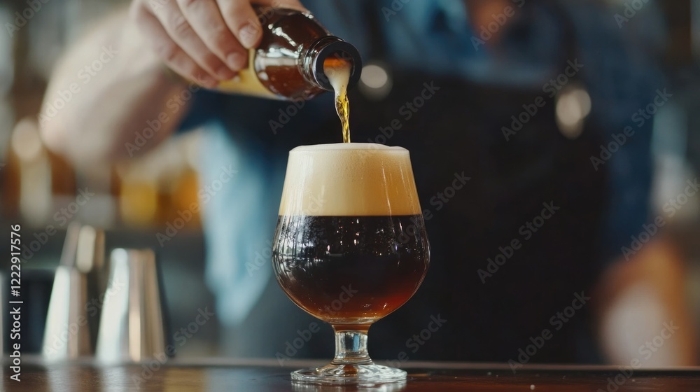 Aufkleber craft bartender pouring a rich craft beer into a pint glass with frothy head showcasing a blurred ba
