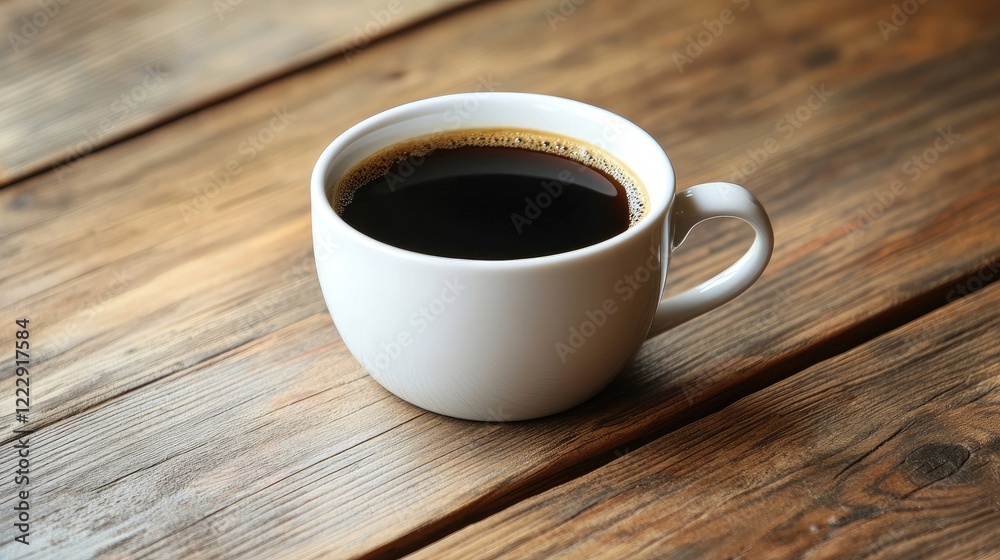 Aufkleber Close up of hand writing in notebook beside coffee cup on rustic wooden table with ample empty space for personalized text or message